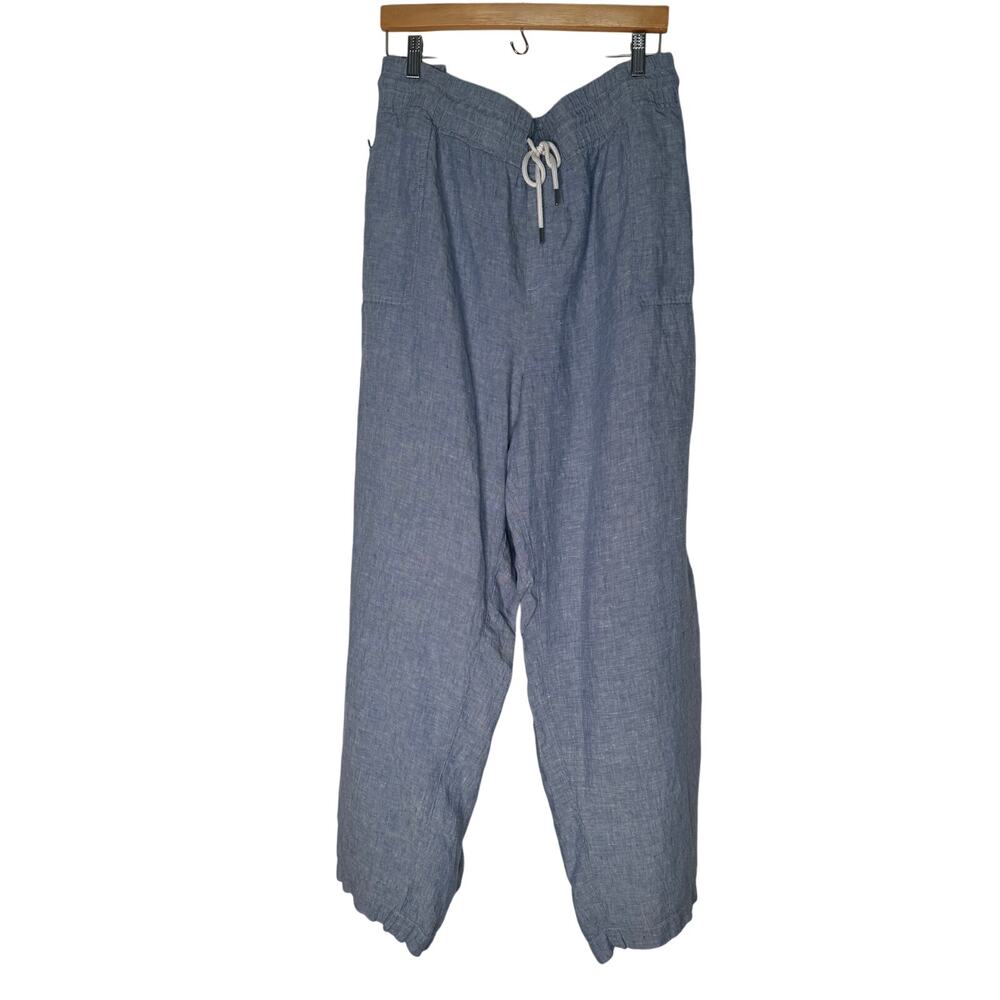 Athleta Womens Cabo Linen Wide Leg Blue Pull On Pants Size 26 Drawstring